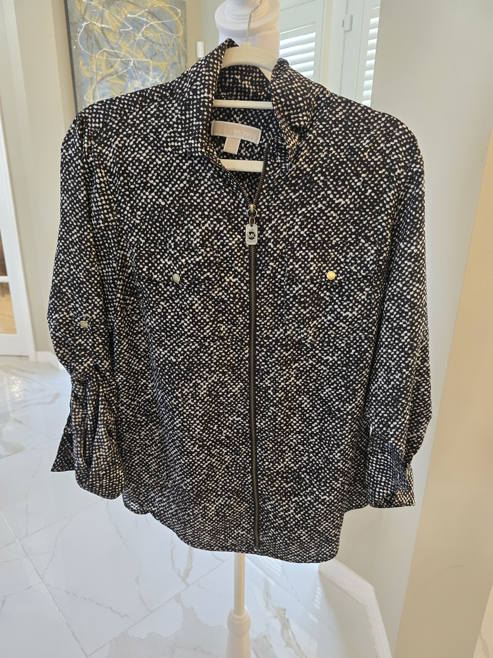 Michael Kors Black and White Speckled Zip-Front Button Down Shirt